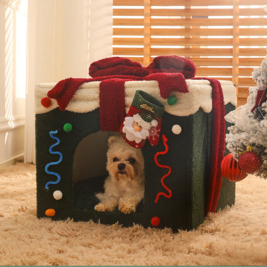 Christmas Gift Box Warm Sleeping Semi-Enclosed Cave Dog & Cat Bed