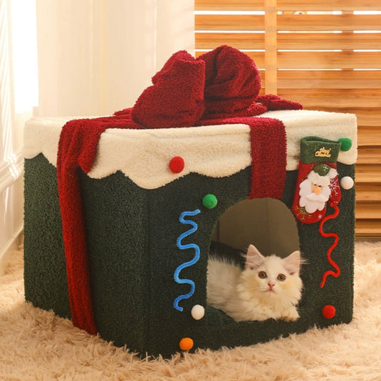 Christmas Gift Box Warm Sleeping Semi-Enclosed Cave Dog & Cat Bed