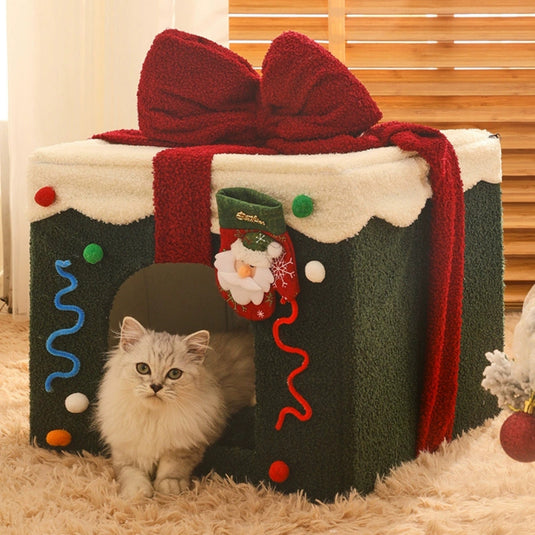 Christmas Gift Box Warm Sleeping Semi-Enclosed Cave Dog & Cat Bed