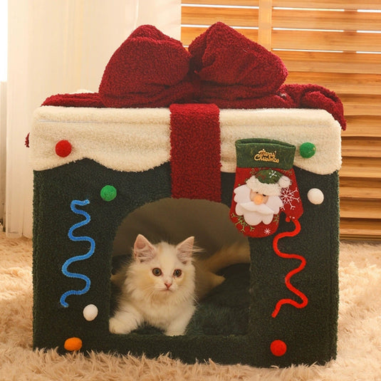 Christmas Gift Box Warm Sleeping Semi-Enclosed Cave Dog & Cat Bed